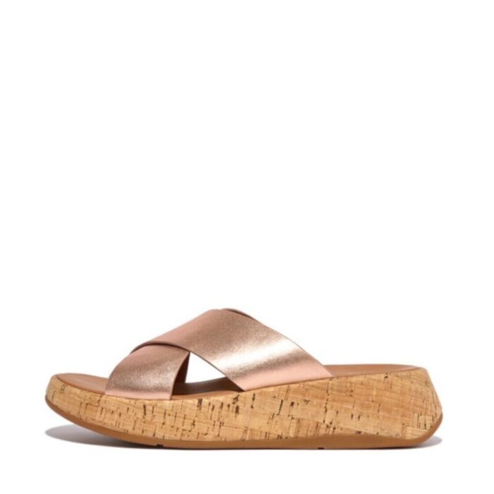 fitflop f mode metallic leathercork flatform cross slides rose gold 241001112959