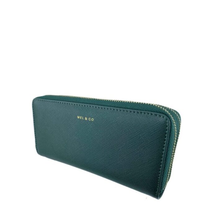 melco saffiano effect double zip around large wallet with wrist strap forest green 240822053258