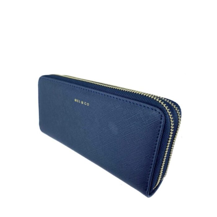 melco saffiano effect double zip around large wallet with wrist strap navy 240822053311