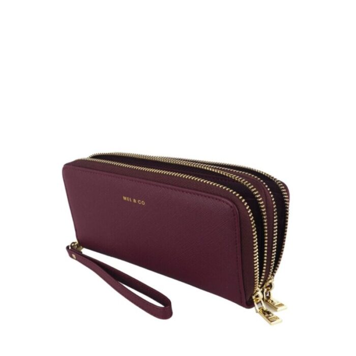 melco saffiano effect double zip around large wallet with wrist strap wine 240822053332 3