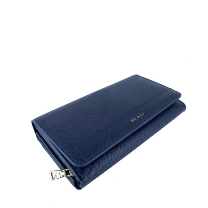 melco saffiano effect tri fold flap large wallet navy 240822053123 3