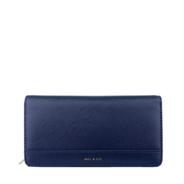 melco saffiano effect tri fold flap large wallet navy 240822053123