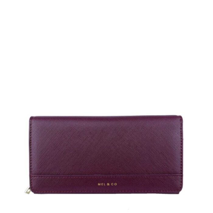 melco saffiano effect tri fold flap large wallet wine 240822053133